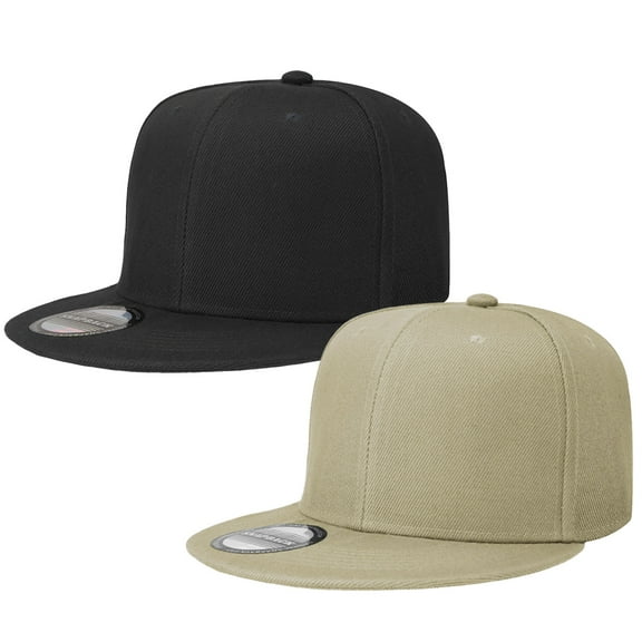 2-pack Classic Snapback Hat Cap Hip Hop Style Flat Bill Blank Solid Color Adjustable Size Black & Khaki