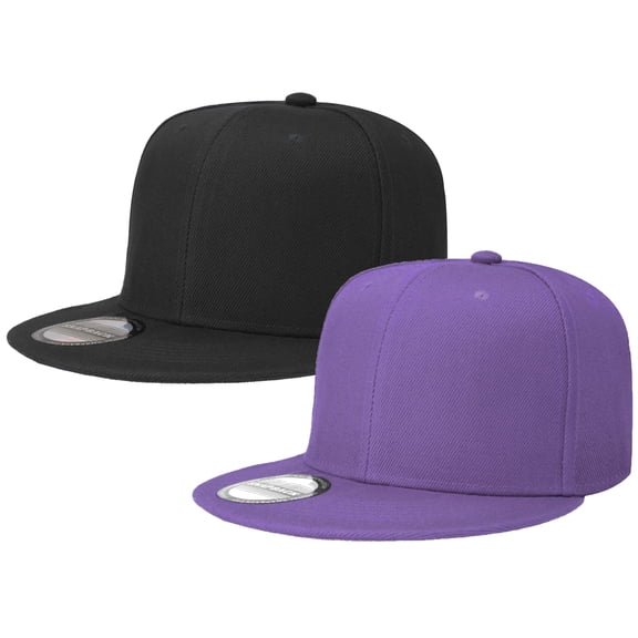 2-pack Classic Snapback Hat Cap Hip Hop Style Flat Bill Blank Solid Color Adjustable Size Black & Lavender