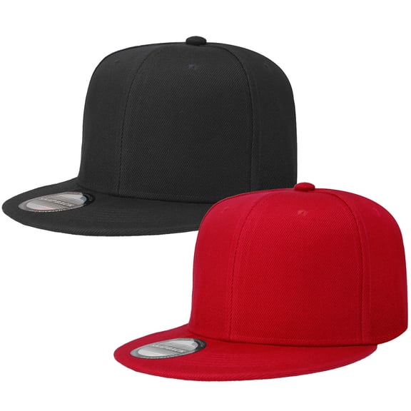 2-pack Classic Snapback Hat Cap Hip Hop Style Flat Bill Blank Solid Color Adjustable Size Black & Red