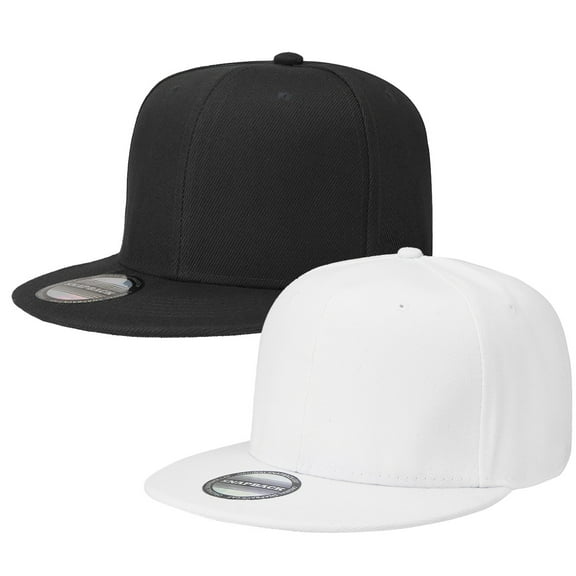 2-pack Classic Snapback Hat Cap Hip Hop Style Flat Bill Blank Solid Color Adjustable Size Black & White
