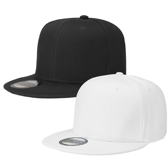 2-pack Classic Snapback Hat Cap Hip Hop Style Flat Bill Blank Solid Color Adjustable Size Black & White