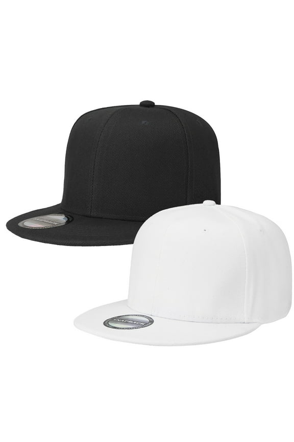 2-pack Classic Snapback Hat Cap Hip Hop Style Flat Bill Blank Solid Color Adjustable Size Black & White