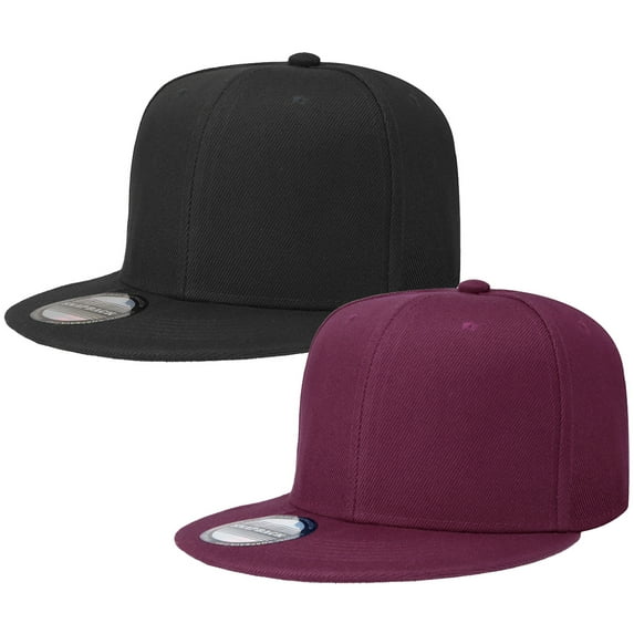 2-pack Classic Snapback Hat Cap Hip Hop Style Flat Bill Blank Solid Color Adjustable Size Black & Wine