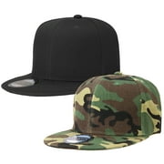 2-pack Classic Snapback Hat Cap Hip Hop Style Flat Bill Blank Solid Color Adjustable Size Black & Woodland