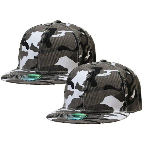 2-pack Classic Snapback Hat Cap Hip Hop Style Flat Bill Blank Solid Color Adjustable Size Grey Camouflage & Grey Camouflage