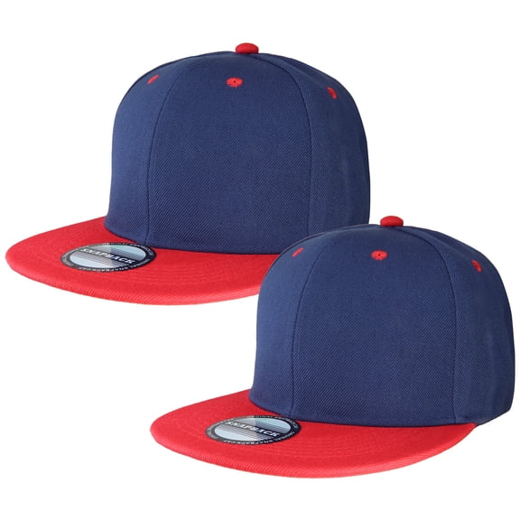 2-pack Classic Snapback Hat Cap Hip Hop Style Flat Bill Blank Solid Color Adjustable Size NavyRed & NavyRed
