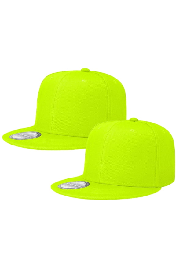 2-pack Classic Snapback Hat Cap Hip Hop Style Flat Bill Blank Solid Color Adjustable Size Neon Green & Neon Green