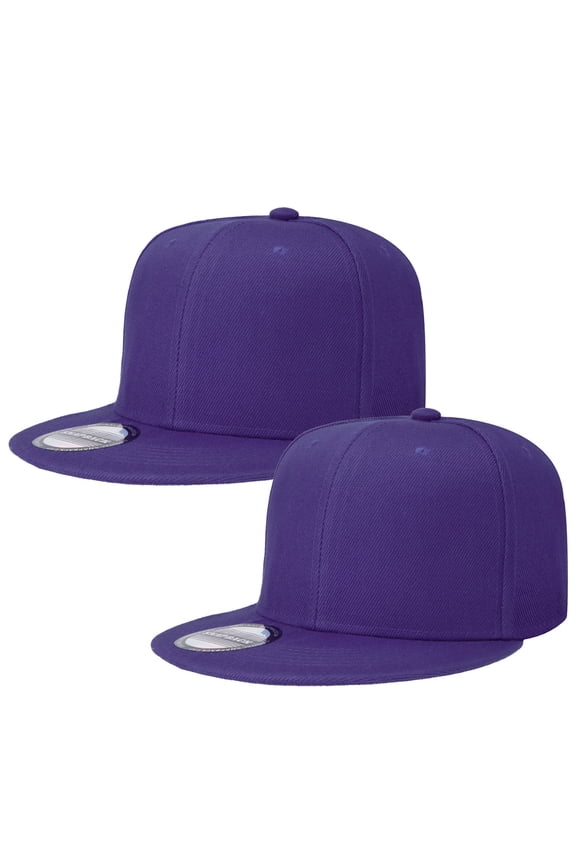 2-pack Classic Snapback Hat Cap Hip Hop Style Flat Bill Blank Solid Color Adjustable Size Purple & Purple