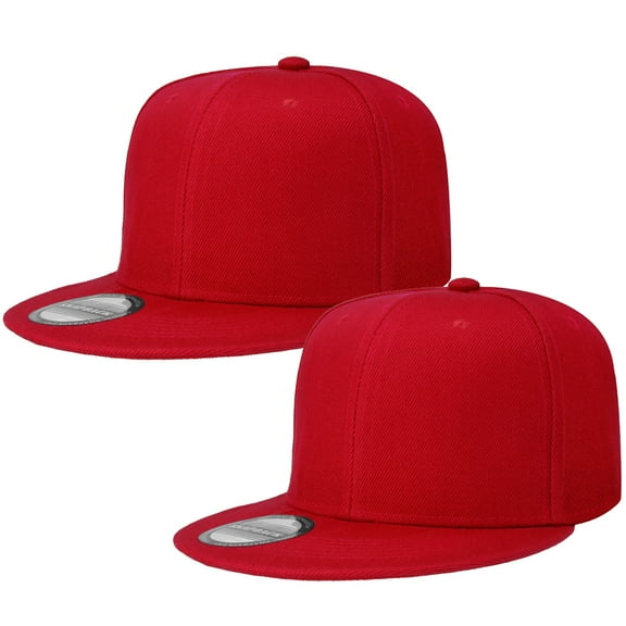 2-pack Classic Snapback Hat Cap Hip Hop Style Flat Bill Blank Solid Color Adjustable Size Red & Red