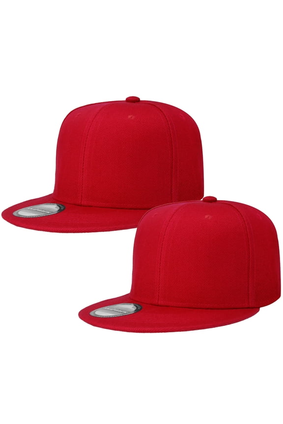 2-pack Classic Snapback Hat Cap Hip Hop Style Flat Bill Blank Solid Color Adjustable Size Red & Red