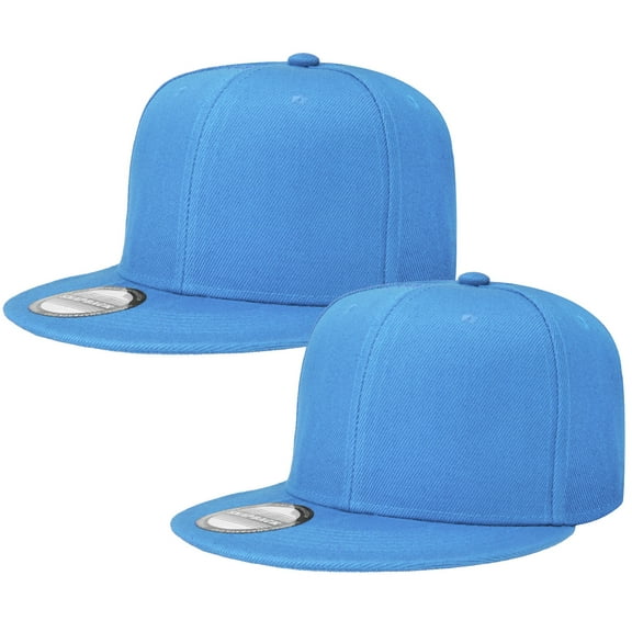 2-pack Classic Snapback Hat Cap Hip Hop Style Flat Bill Blank Solid Color Adjustable Size Skyblue & Skyblue