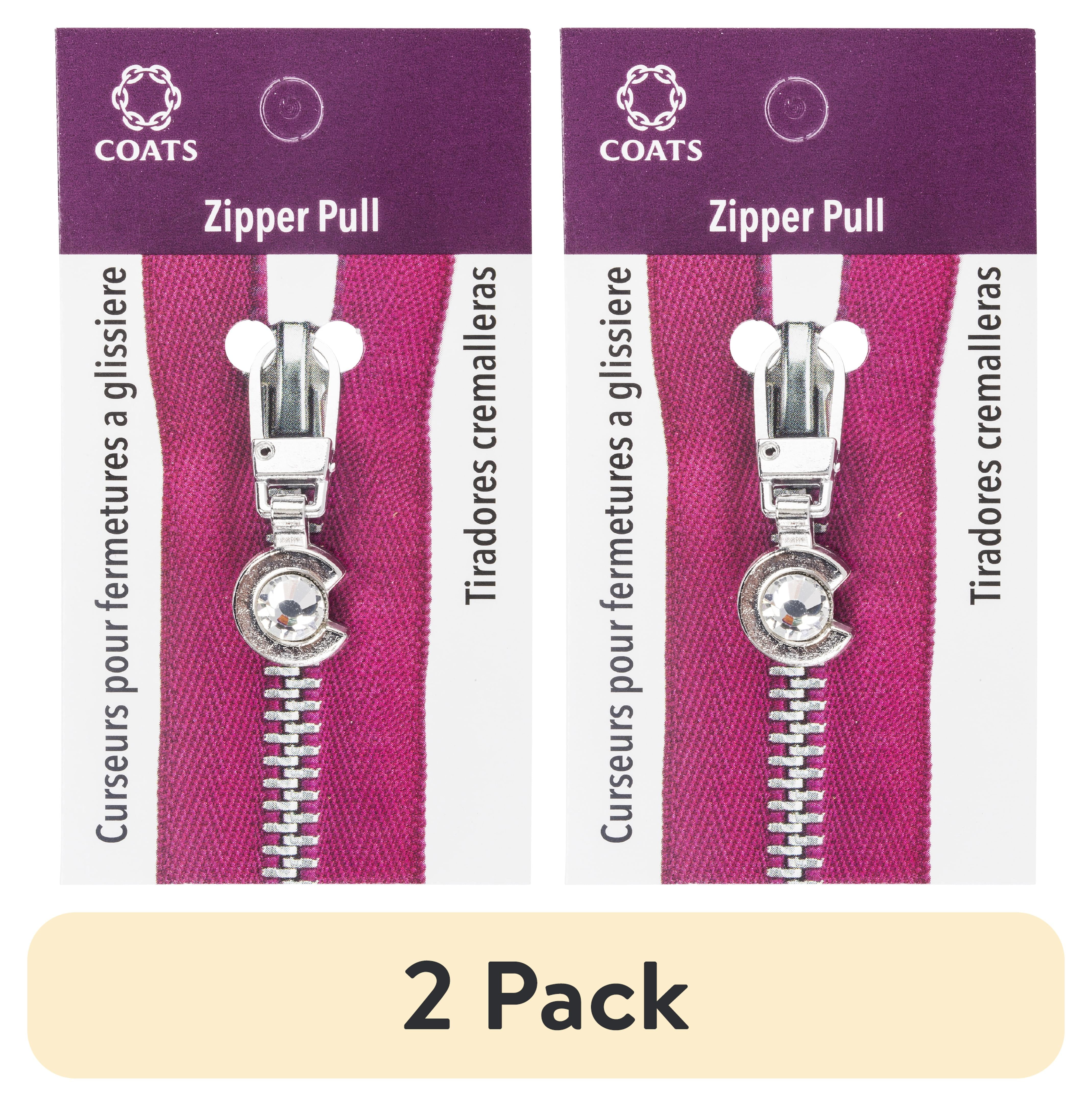 (2 pack) Coats & Clark Zipper Pulls, Metal, Silver C With Stone