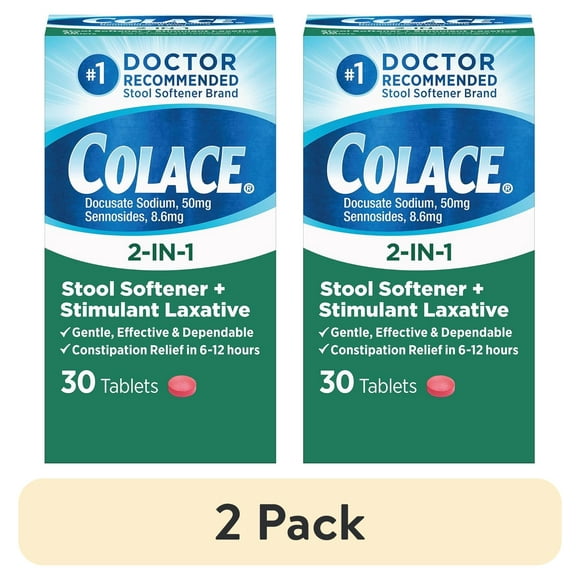 (2 pack) Colace 2-in-1 Stool Softener with Stimulant Laxative Tablets, 100 mg, 30 ct.
