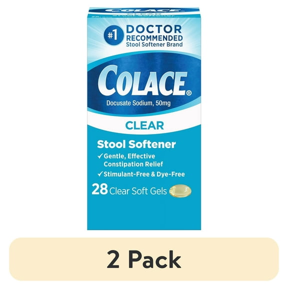 (2 pack) Colace Clear Stool Softener Soft Gel Capsules Constipation Relief 50mg Docusate Sodium, 28 Ct