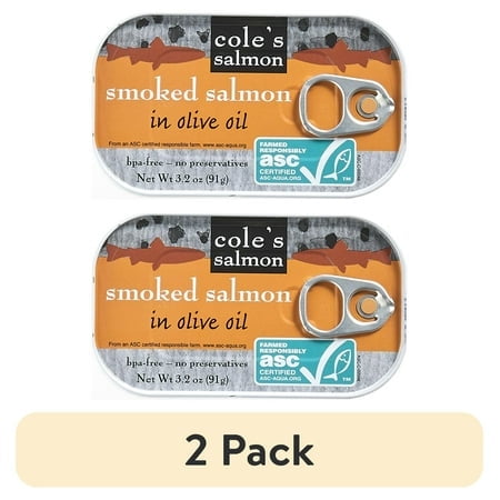 (2 pack) Cole’s Patagonian Smoked Salmon in Extra Virgin Olive Oil 3.2 oz – Fish Fillet, High Protein, Canned, Skinless, Boneless, Gluten-Free