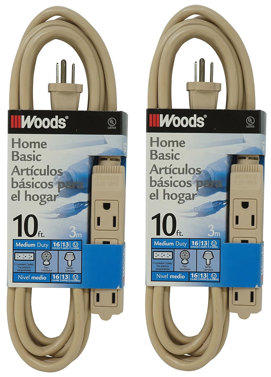 2-pack - Coleman Cable 2865 Extension Cord, 16/3, 10' SJT 3-Outlet Power
