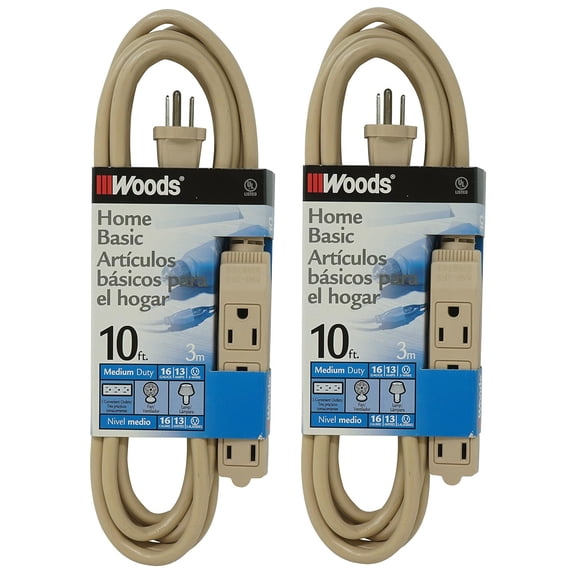 2-pack - Coleman Cable 2865 Extension Cord, 16/3, 10' SJT 3-Outlet Power