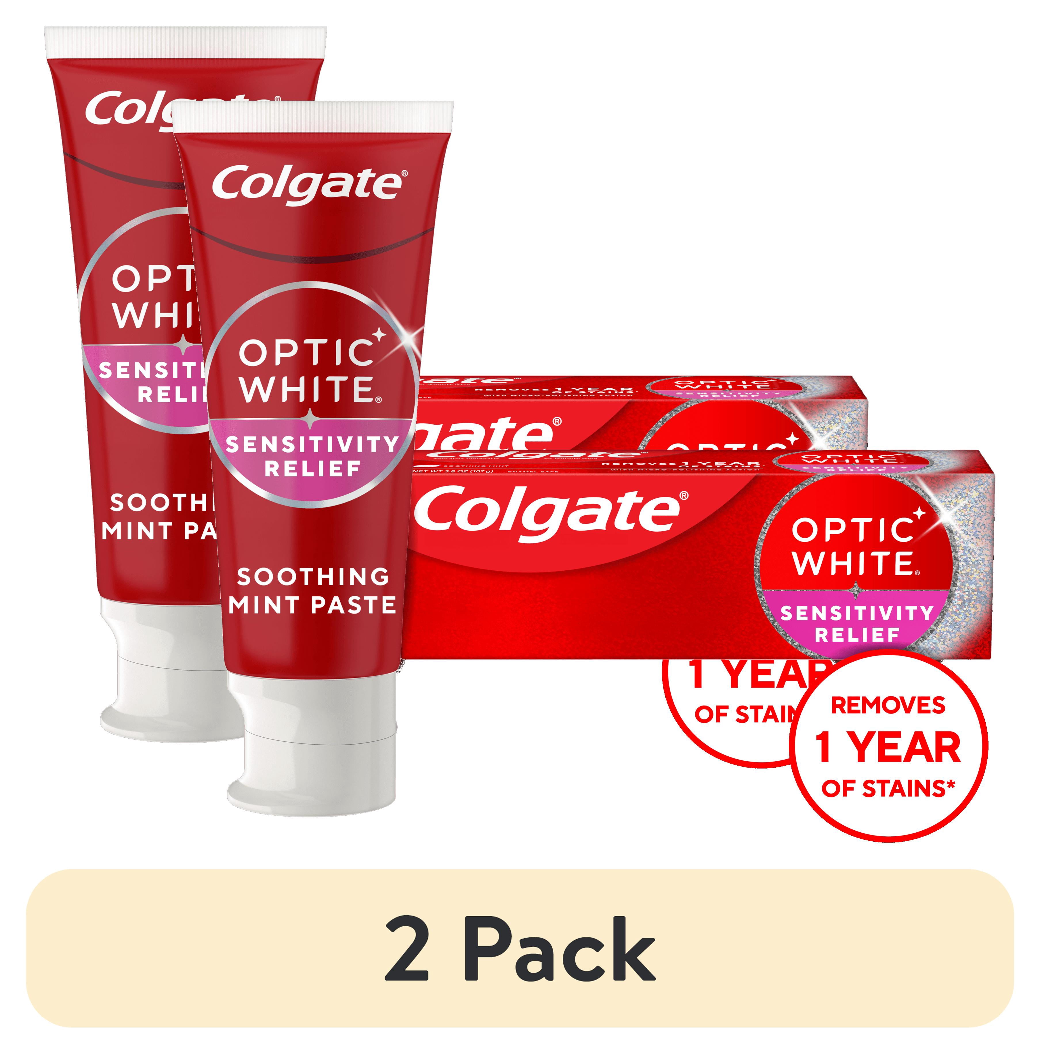 (2 pack) Colgate Optic White Sensitivity Relief Teeth Whitening Toothpaste, with Fluoride, Mint, 3.8 oz