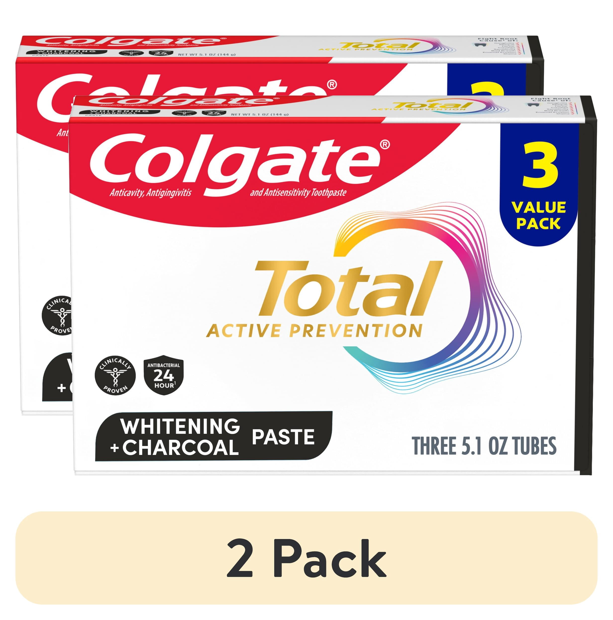 (2 pack) Colgate Total Active Prevention Whitening and Charcoal Toothpaste, Mint, 3 Pack, 5.1 oz