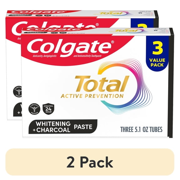(2 pack) Colgate Total Active Prevention Whitening and Charcoal Toothpaste, Mint, 3 Pack, 5.1 oz