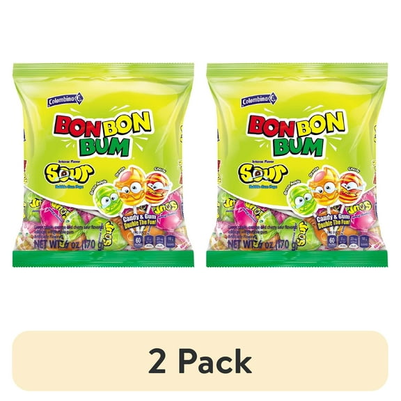 (2 pack) Colombina Bon Bon Bum Sour Bubble Gum Pops, 6 oz (Pack of 12)