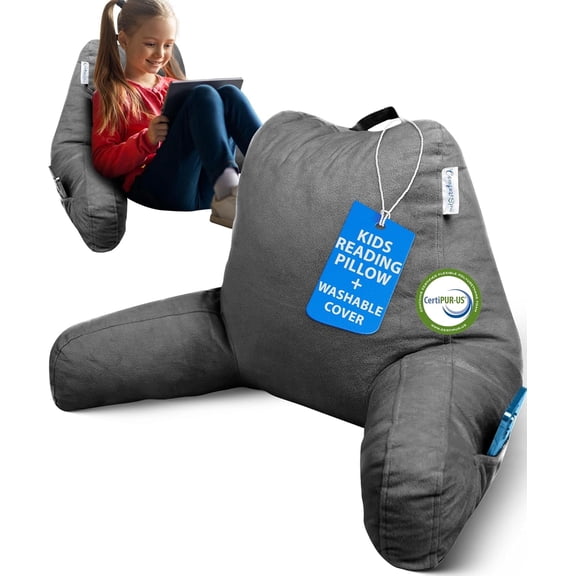 (2 pack) ComfortSpa Reading Pillow for Bed Adult Size, Back Rest Pillow with Arms, Pockets and Washable Cover; Use as a Back Pillow for Bed Sitting Up for Bedrest or Relief from GERD Heartburn (Standard Grey)