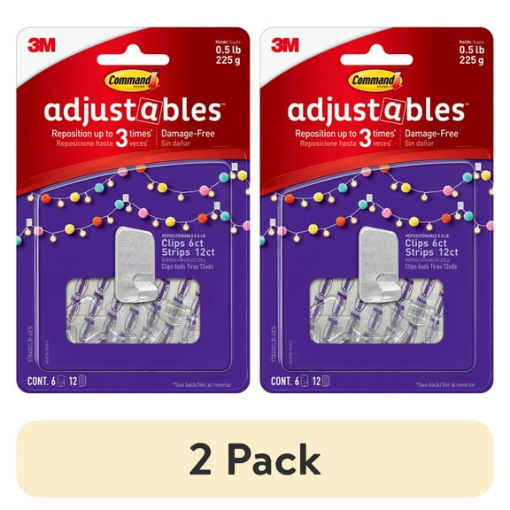 (2 pack) Command Adjustables Repositionable Wall Hook, Clear, Hold 0.5 lb, 6 Clips, 12 Strips