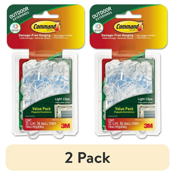(2 pack) Command All Weather Hooks and Strips, Plastic, Small, 32 Clips & 36 Strips/Pack