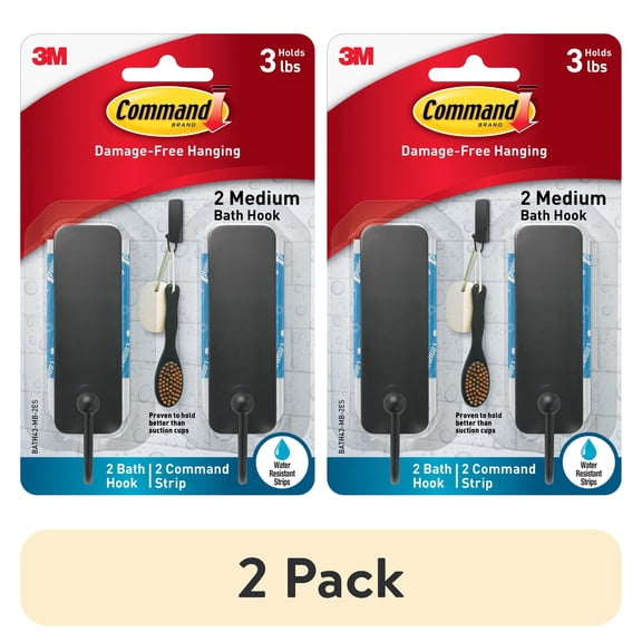 (2 pack) Command Bath Hook, Medium, Matte Black, 2 Hooks 4 Strips per Pack, Bathroom Organization