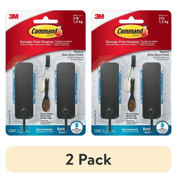 (2 pack) Command Bath Hook, Medium, Matte Black, 2 Hooks 4 Strips per Pack, Bathroom Organization