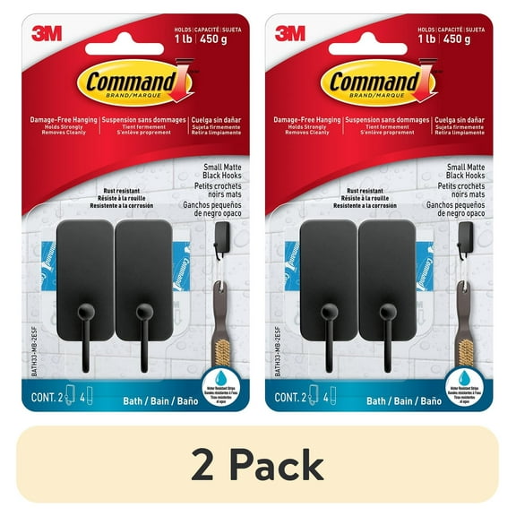 (2 pack) Command Bath Hook, Small, Matte Black, 2 Wall Hooks, Bathroom Organization