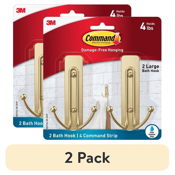 (2 pack) Command Bath Large Brass Finish Double Hook 2 Pack