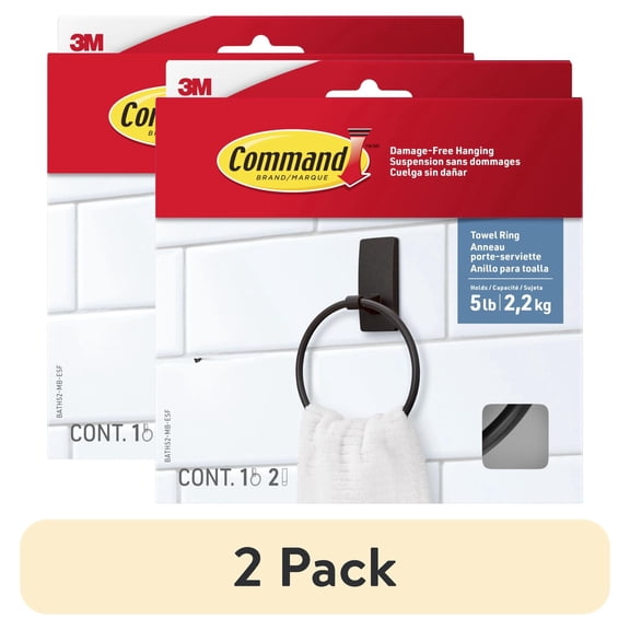(2 pack) Command Bath Matte Black Towel Ring, 1 Towel Ring, Holds 5 lbs, 2 Strips, Adhesive Mount