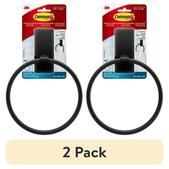 (2 pack) Command Bath Matte Black Towel Ring, 1 Towel Ring, Holds 5 lbs, 2 Strips, Adhesive Mount