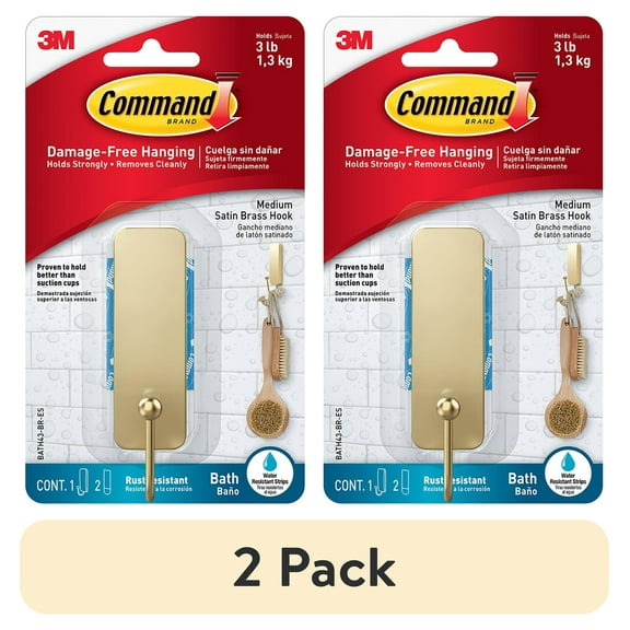 (2 pack) Command Bath Medium Satin Brass Finish, 1 Hook