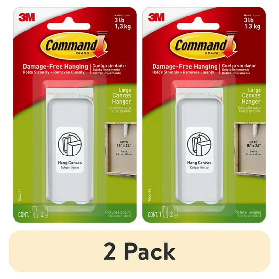 (2 pack) Command Canvas Hanger, Holds 3 lb, Large, White, 1 Canvas Wall Hanger, 2 Pairs Adhesive Strips
