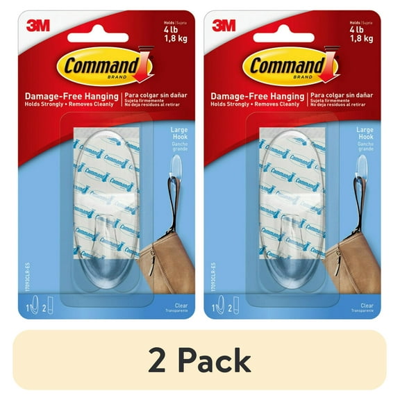 (2 pack) Command Clear Hook with Clear Strips, Large, 1 Hook, 2 Strips/Pack