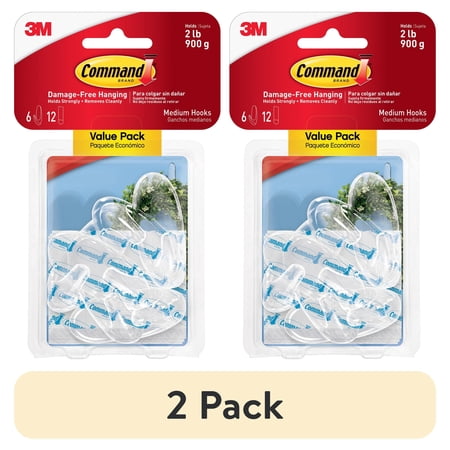 (2 pack) Command Clear Medium Hooks, Holds 2 lbs, Damage Free Decorating, 6 Hooks, 12 Adhesive Strips