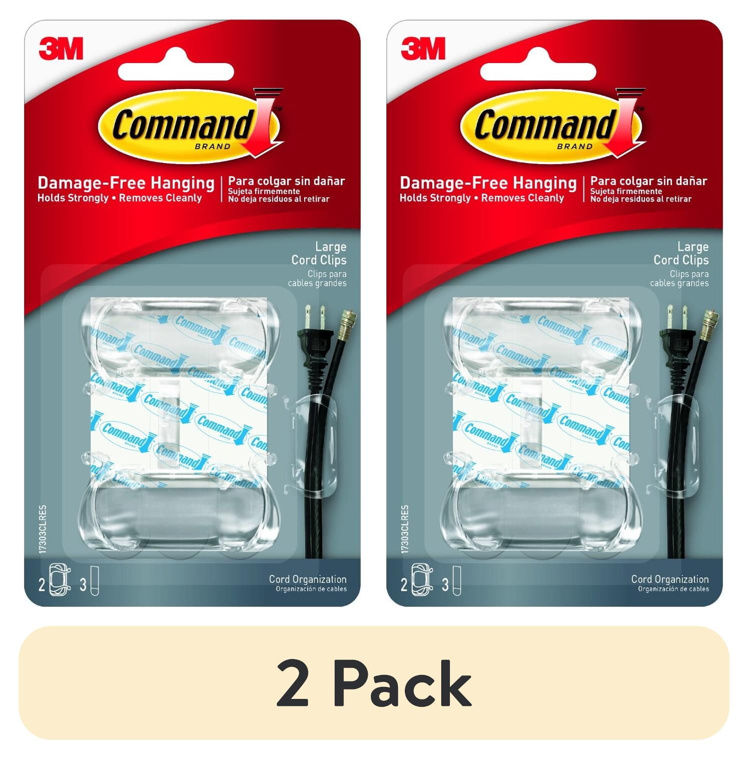 (2 pack) Command Clear Large Cord Clips, 2 Clear Clip, 3 Strip