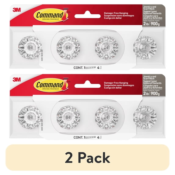 (2 pack) Command Crystal Knob Rack, Quartz, 1 Rack, 4 Strips/Pack