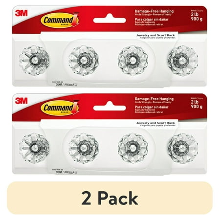 (2 pack) Command Crystal Knob Rack, Quartz, 1 Rack, 4 Strips/Pack