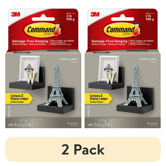 (2 pack) Command Display Ledges, Holds 2 lbs, Slate, 2 Wall Display Ledges and 8 Command Strips