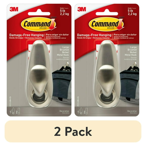 (2 pack) Command Forever Classic Large Metal Hooks, Brushed Nickel, Damage Free Decorating, 1 Hook