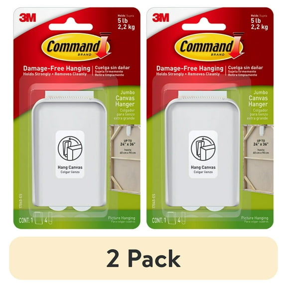 (2 pack) Command Jumbo Canvas Hangers, Holds 5 lb, Indoor Use, White, 1 Wall Hanger, 4 Pairs Adhesive Strips