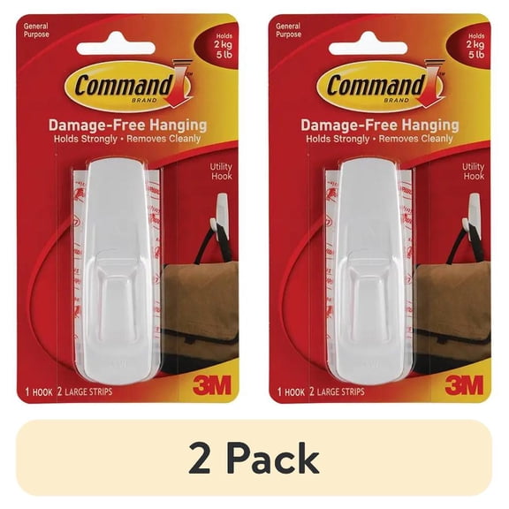 (2 pack) Command Large Utility Hook, White, Damage Free Decorating, 1 Hook and 2 Command Strips