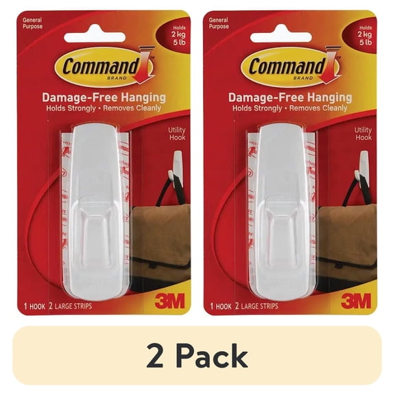 (2 pack) Command Large Utility Hook, White, Damage Free Decorating, 1 Hook and 2 Command Strips