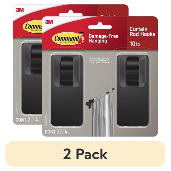 (2 pack) (2 pack) Command Matte Black Curtain Rod Hooks, 2 Hooks, 4 Adhesive Strips
