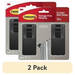 (2 pack) Command Matte Black Curtain Rod Hooks, 2 Hooks, 4 Adhesive Strips