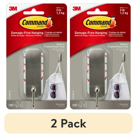 (2 pack) Command Medium Decorative Hooks, Matte Brushed Nickel, Damage Free Decorating, 1 Hook and 2 Strips