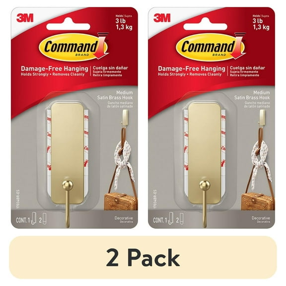 (2 pack) Command Medium Decorative Hooks, Matte Satin Brass, Damage Free Decorating, 1 Hook and 2 Strips